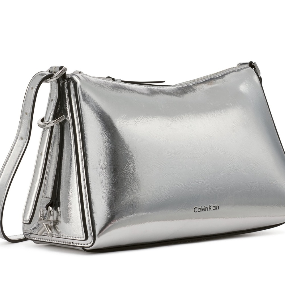 Calvin Klein Mandy Metallic Top Zipper Silver Crossbody Bag